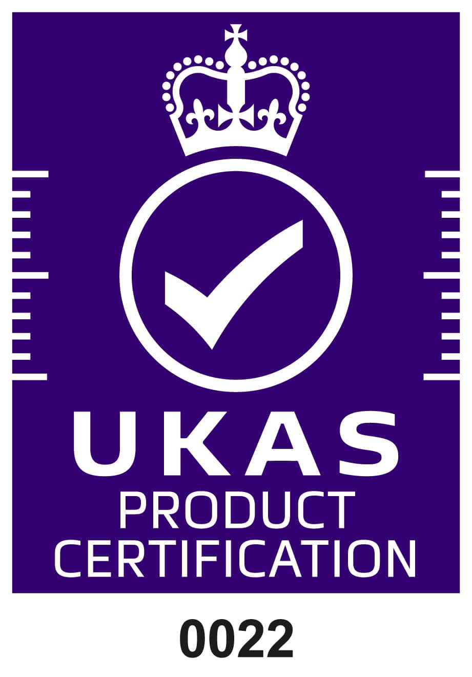 Símbolo de acreditación Ukas blanco sobre morado certificación de producto
