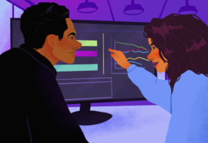 Business people discussing data on computer screen in office meeting